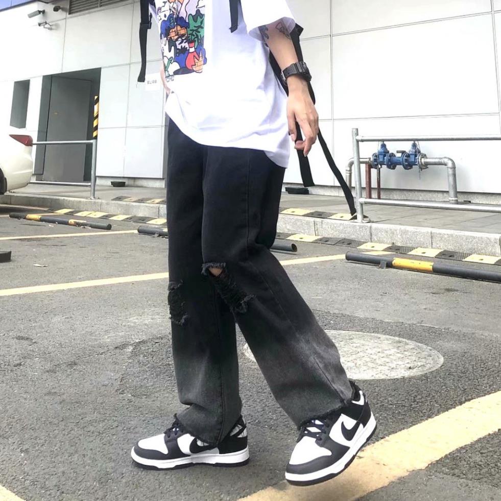 Free Ship Quần JEAN đen ống suông rộng rách gối 2 phong cách streetwear độc và lạ