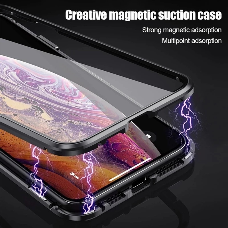 Ốp Điện Thoại Kính Cường Lực Hai Mặt Viền Kim Loại Hít Nam Châm Sang Trọng Cho IPhone 13 12 11 Pro Max IP XS X XR 13