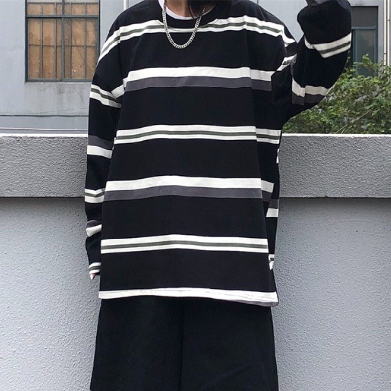 Áo thun cổ tròn tay dài họa tiết kẻ sọc thời trang dành cho nam