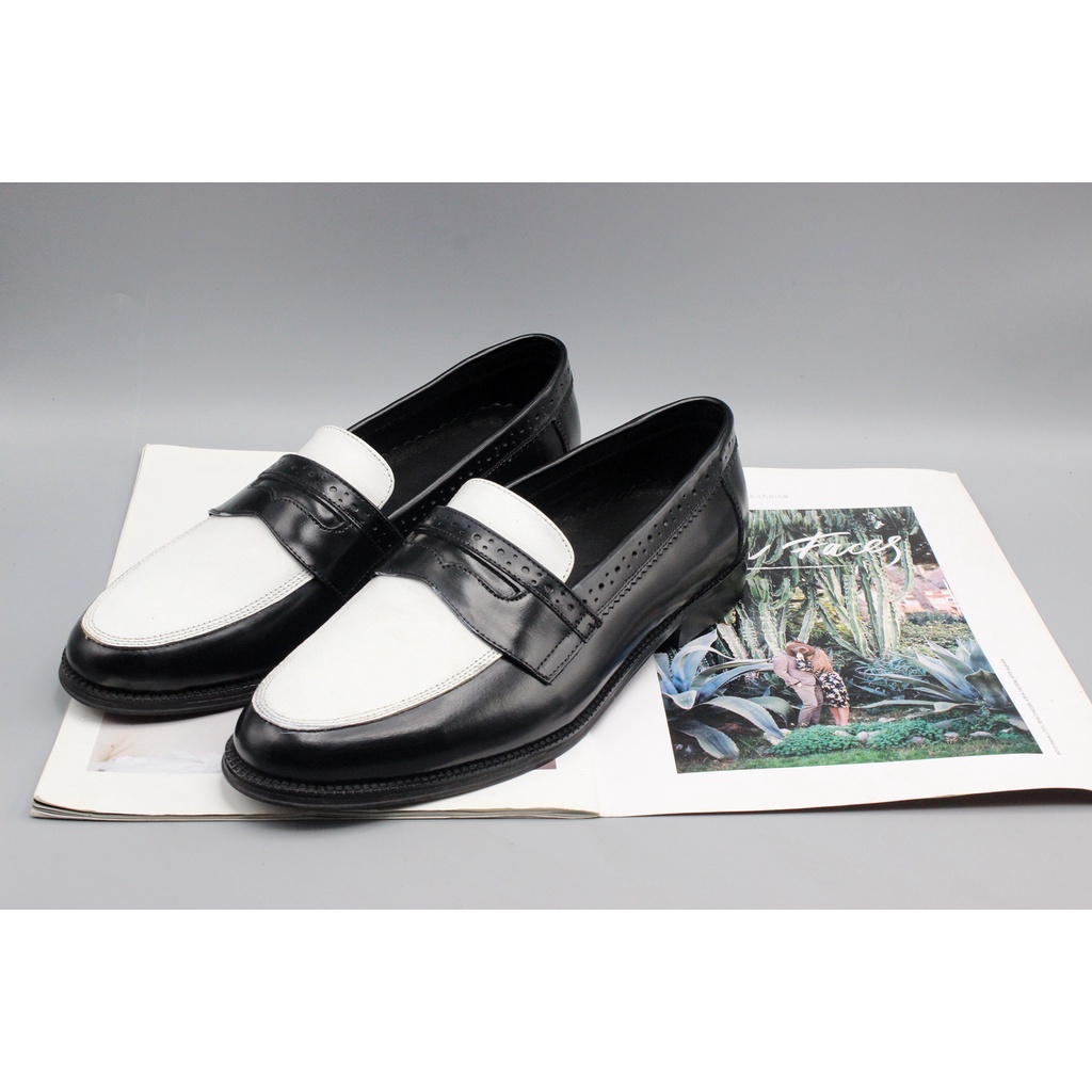 [ HÀNG CAO CẤP SIÊU SALE ] Giày Lười Penny Loafer Đế Phíp 3 cm Khâu Mckay - Đen Trắng BTAHOME LX 244