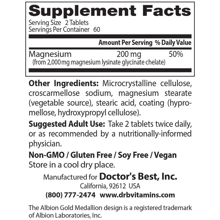 Doctor's Best High Absorption Magnesium Chelated 200mg - Viên Uống Bổ Sung Magie 120 viên