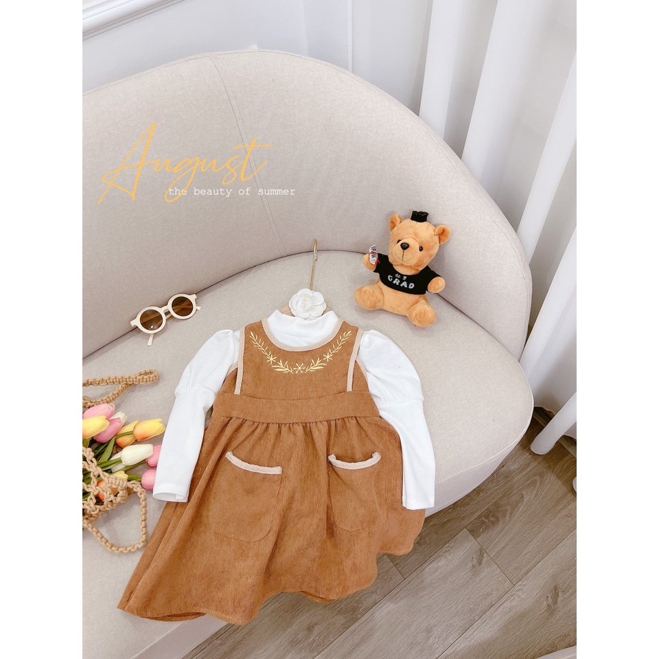 Sét yếm nhung cho bé gái, set váy yếm nhung thêu tỉ mi kèm áo zip tay bồng cho bé