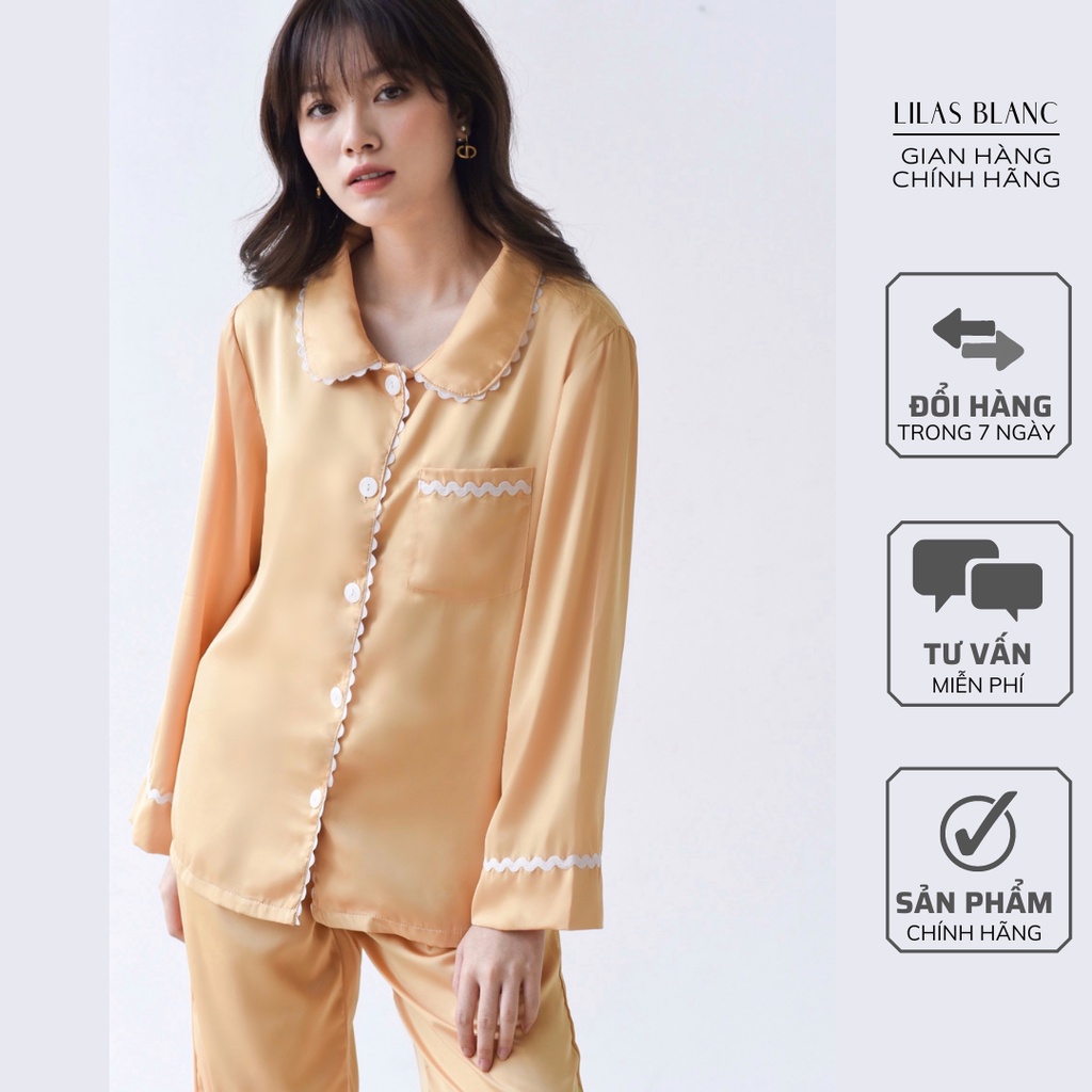Đồ Bộ Pijama Nữ 𝐋𝐈𝐋𝐀𝐒 𝐁𝐋𝐀𝐍𝐂 Họa Tiết Viền Trẻ Trung, Kiểu Dáng Dài Tay, Quần Dài, Chất Liệu Lụa Cao Cấp  | Màu Vàng