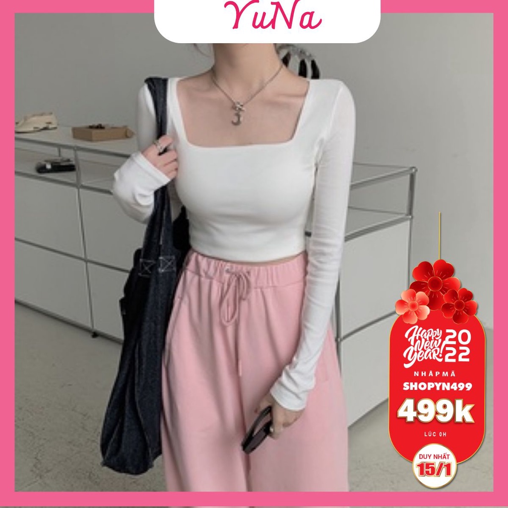 Áo croptop tay dài MAIKA dáng ôm cổ vuông , co dãn 4 chiều phong cách Hàn Quốc, phụ kiện thời trang Yuna