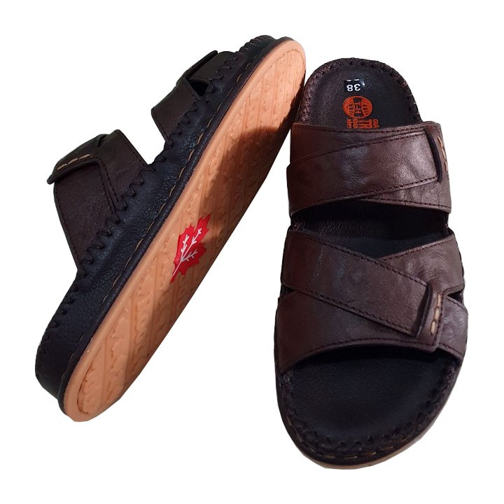 Dép Quai Ngang Nam Da Bò Màu Nâu Đế Cao 3.5cm May Đế Chắc Chắn THQNN261