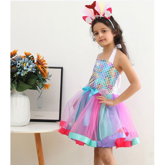 Đầm voan 7 sắc cầu vồng nàng tiên cá ariel kèm cài đầu cho bé gái