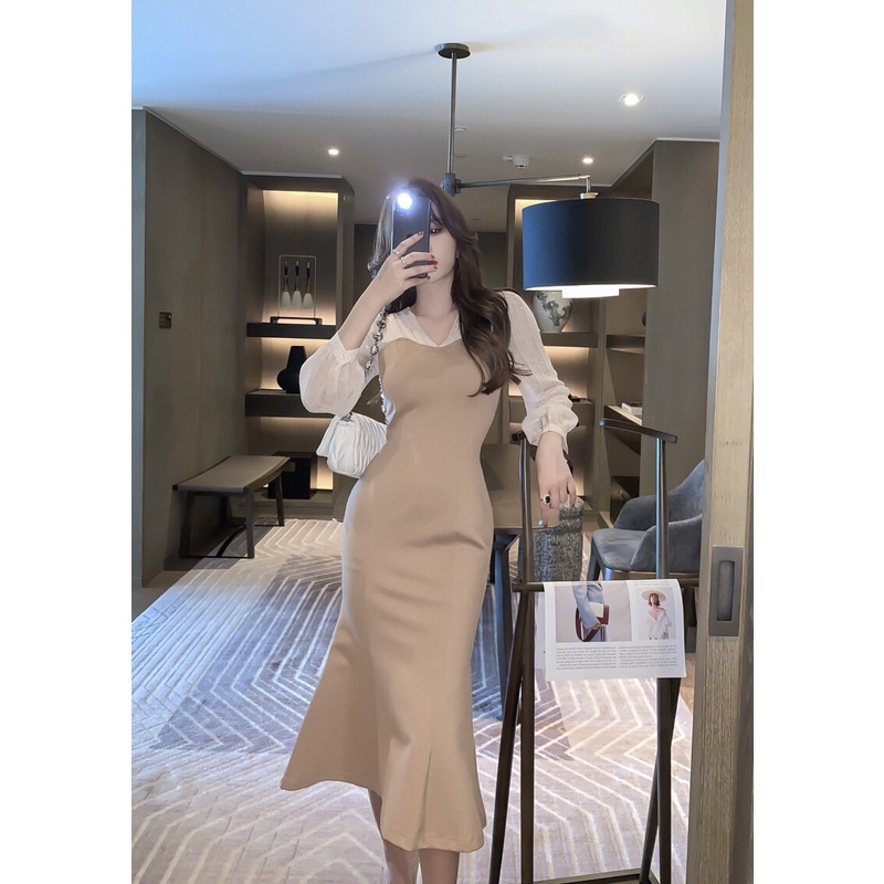 ZYHT Đầm Maxi Mảnh mai Cổ chữ V áo dài tay phong cách Hàn Quốc phong cách thanh lịch Đầm dây 4495