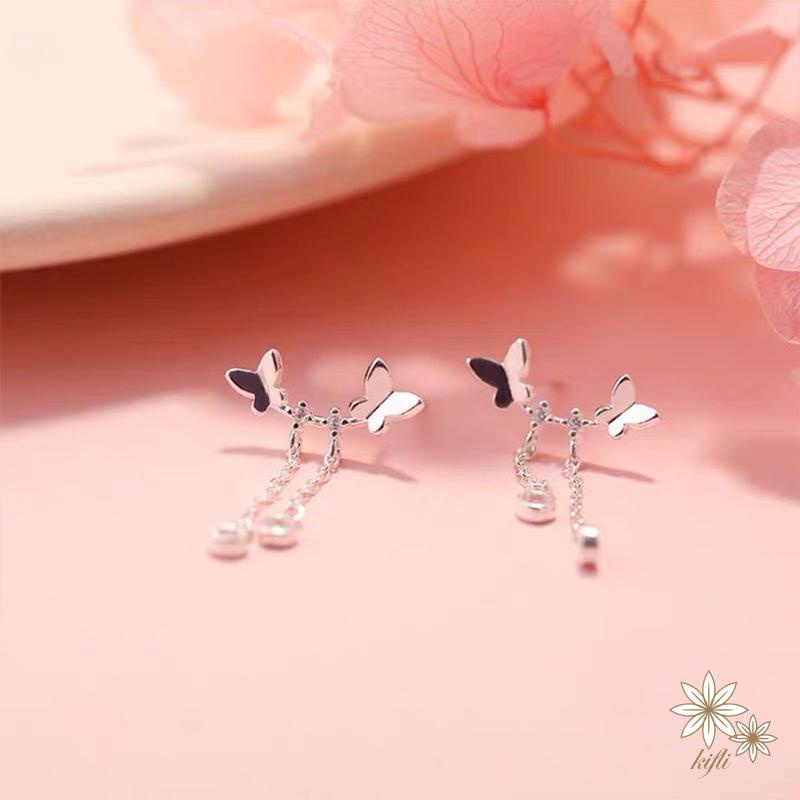 Bông tai bạc hình bướm tua rua đính pha lê thời trang dành cho nữ