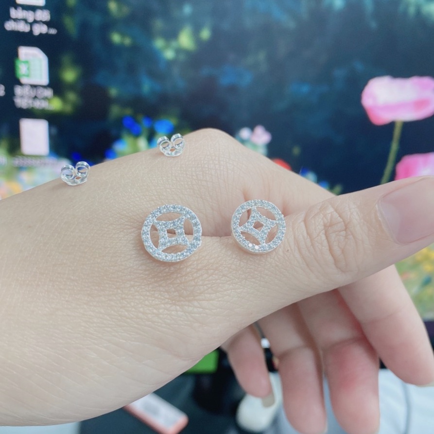 Bông tai kim tiền bạc ta đính đá nhỏ - Trang sức bạc Evasilver