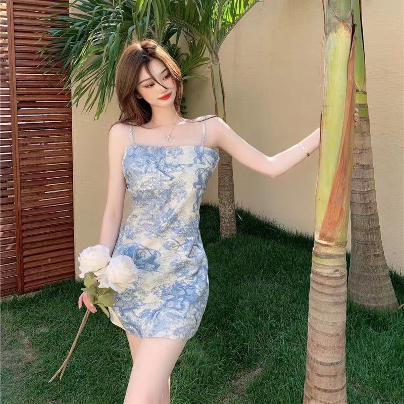 Đầm PERTY hai dây ôm vừa vặn họa tiết hoa phong cách Hàn Quốc thời trang mùa hè mới quyến rũ dành cho nữ