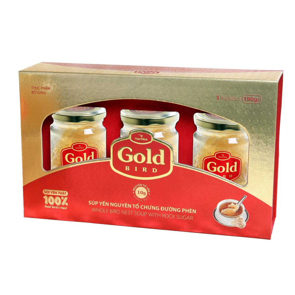 Hộp Quà Nước Yến Sào Nguyên Tổ Chưng Đường Phèn - NUTRINEST - Gold Bird - (3 hũ x 190g)