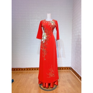 Áo dài đỏ💥FREESHIP💥Áo dài đỏ đính hoa ren vàng đồng