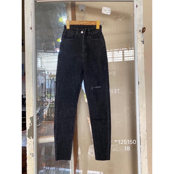 Jeans dài lưng cao co giãn xám đen tua lai
