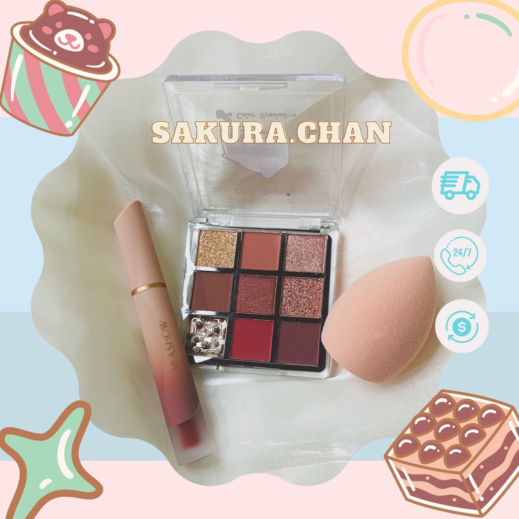 Combo Bảng mắt Kiss Beauty + son môi Kakashow + mút tán kem nền, giúp khuôn mặt của bạn trở nên rạng ngời xinh đẹp