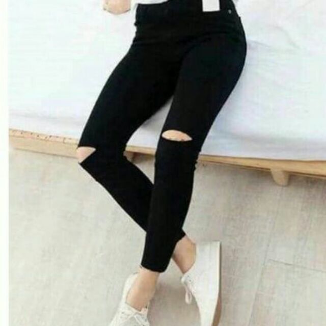 Bigsize 30-42 quần jean dài màu đen rách gối (co giãn)