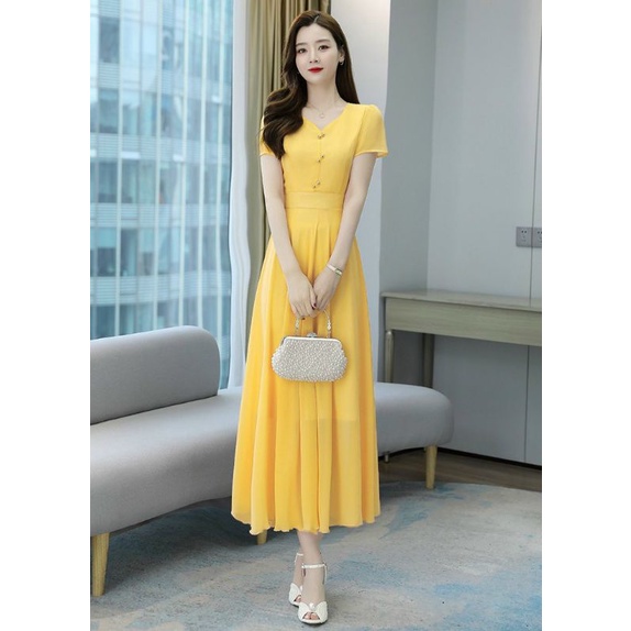 ĐẦM XÒE CỔ TIM ĐÍNH CƯỜM VÀNG 2019