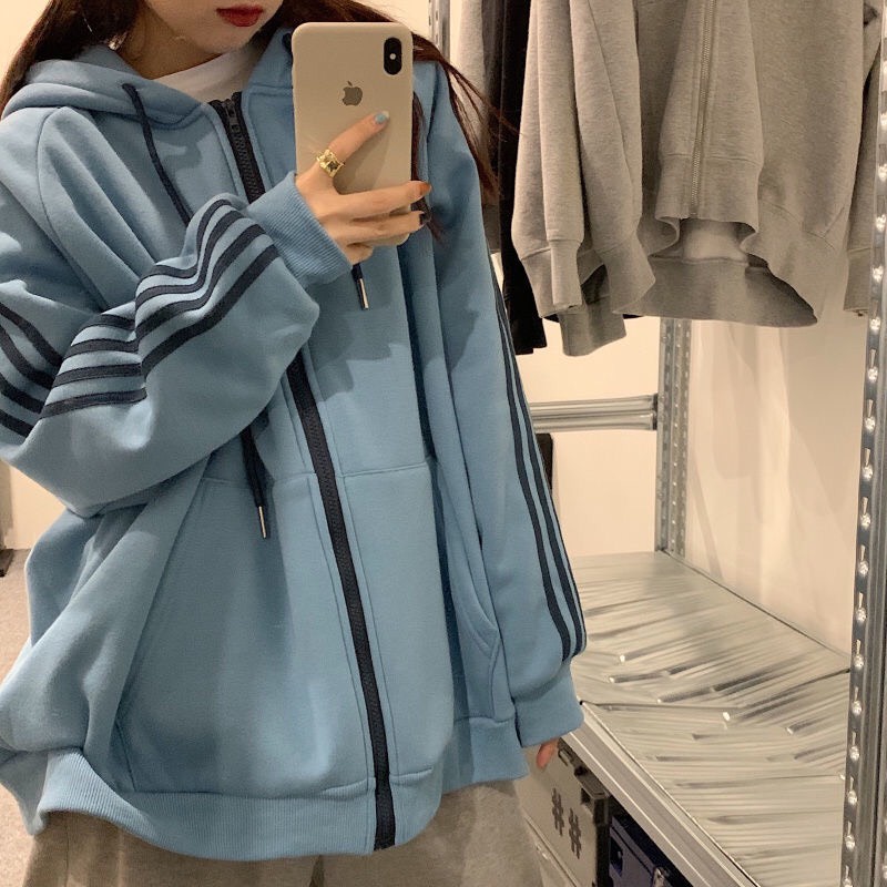 Áo Khoác Nỉ 4 Sọc Nữ Hoodie zip kẻ sọc tay mùa đông form rộng, thiết kế đơn giản
