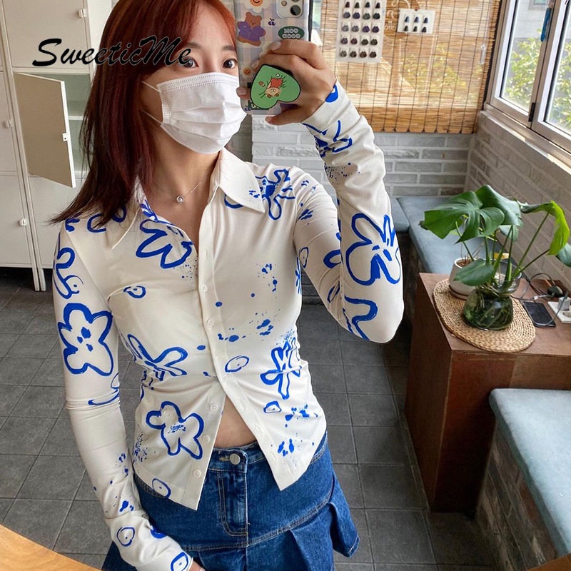 Áo Sơ Mi Tay Dài Dáng Ôm In Họa Tiết Thời Trang   Dành Cho Bạn Nữ