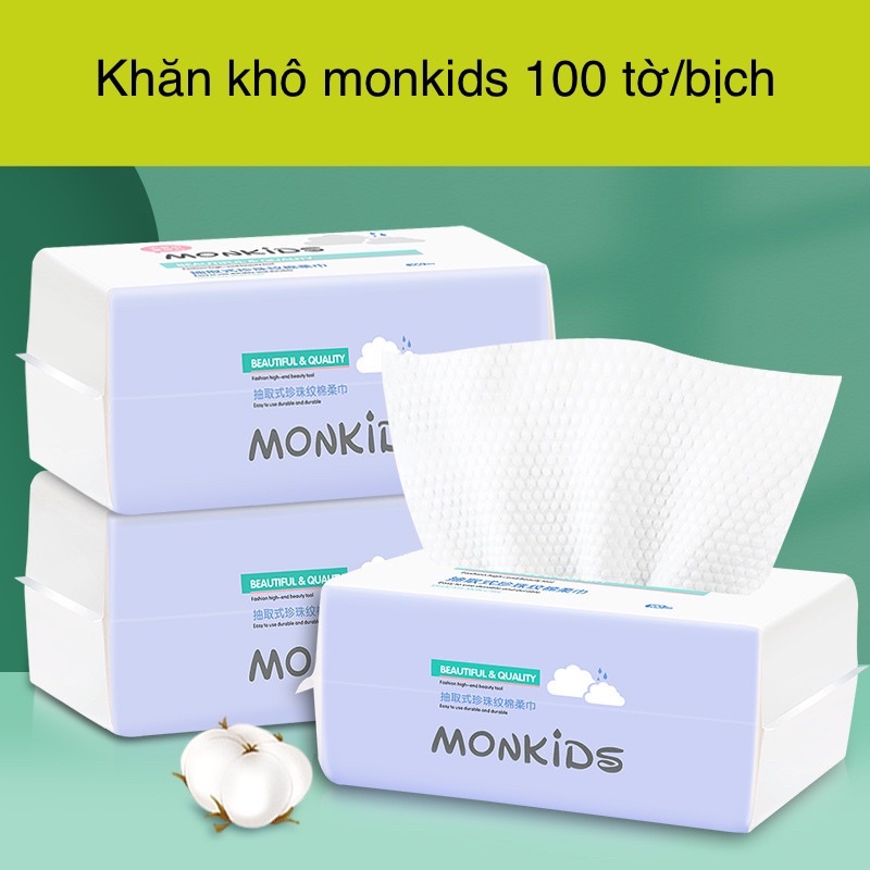 ( CÓ SẴN ) Khăn khô/khăn vải cotton Monkids lau mặt tẩy trang mềm mại siêu tiện dụng ( 100tờ/bịch )