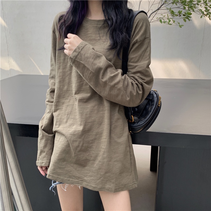 Áo Thun Cotton Tay Dài Dáng Rộng Màu Sắc Đơn Giản 53970