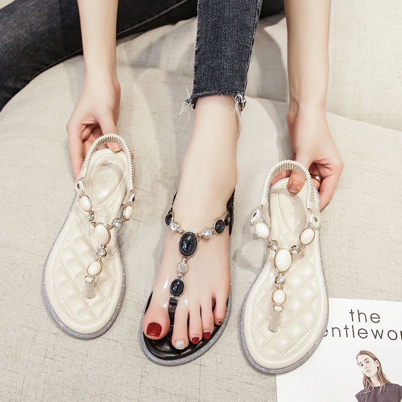 Xinng-tang-tang ̅ Giày Sandal Đế Bằng Mềm Đính Đá Phong Cách Mùa Hè Mới Dễ Phối Đồ Đi Biển Thời Trang Mùa Hè Cho Nữ