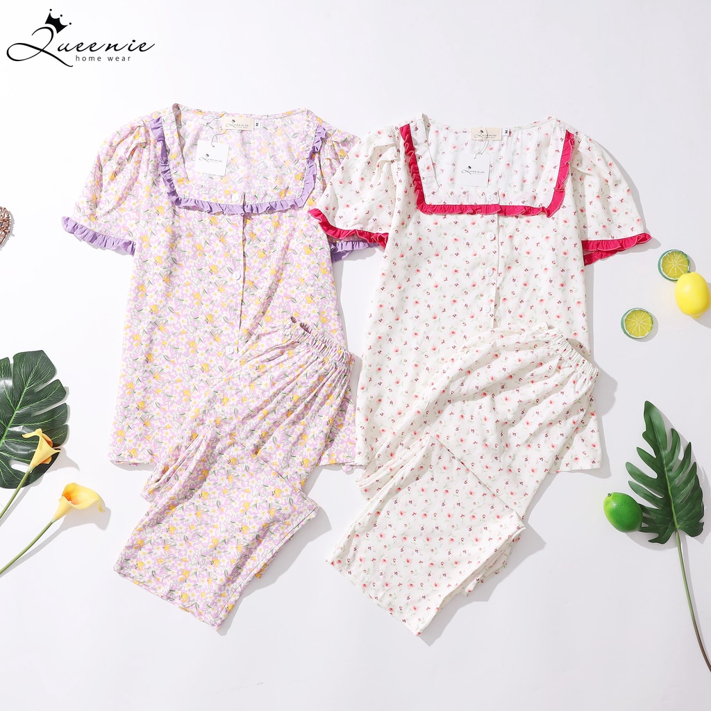 Đồ bộ mặc nhà tole dài cổ vuông viền cài nút tiểu thư - Đồ mặc nhà Queenie