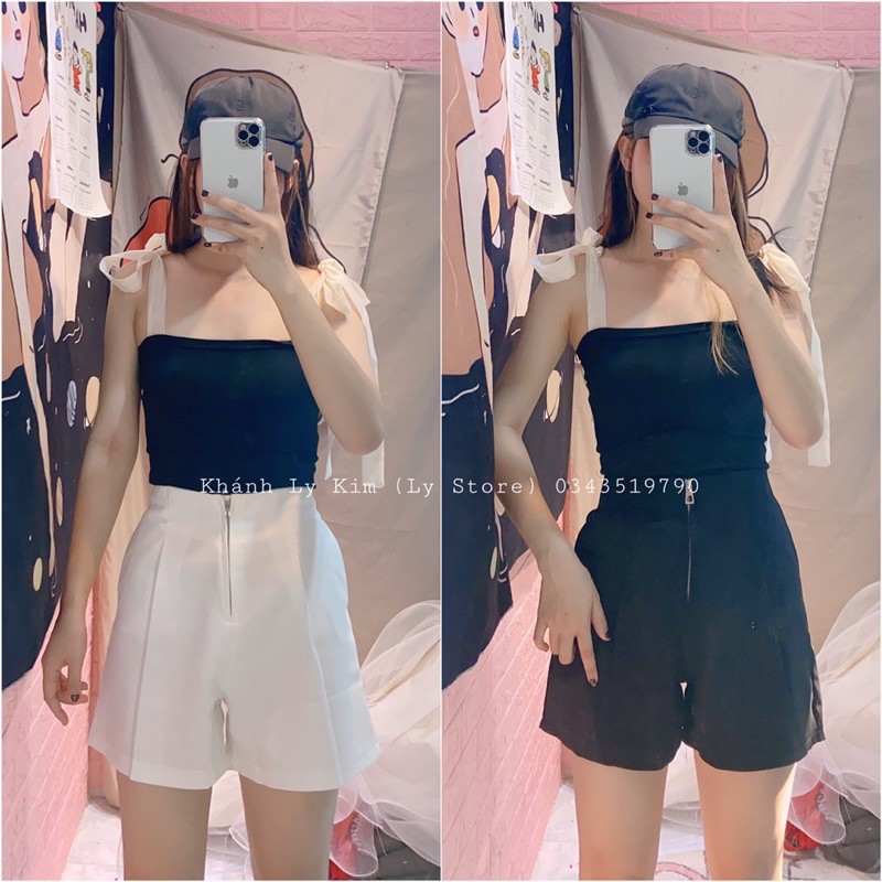 Quần đùi vải dây kéo + áo dây cột nơ voan