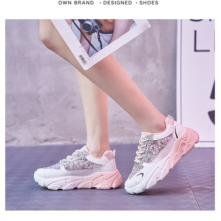 TẶNG QUÀ Giày thể thao nữ ULzzang 100 đính đá kiểu đế cao lượn sóng mẫu mới trend 2020 CAMSTORE