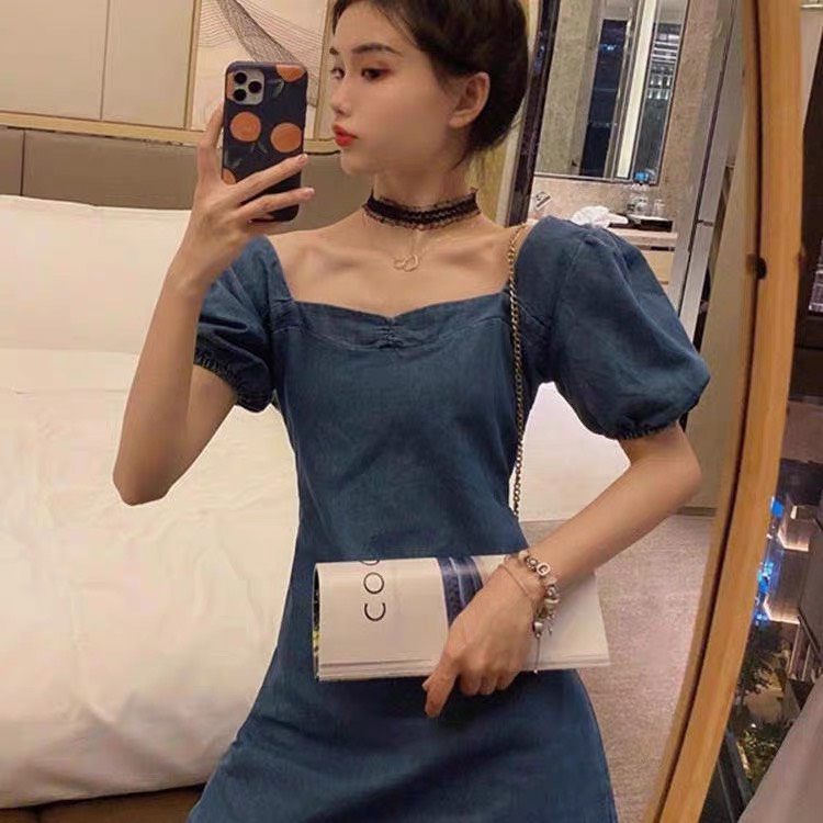 Đầm xanh nữ dáng a midi tay ngắn hở lưng Emilyshop