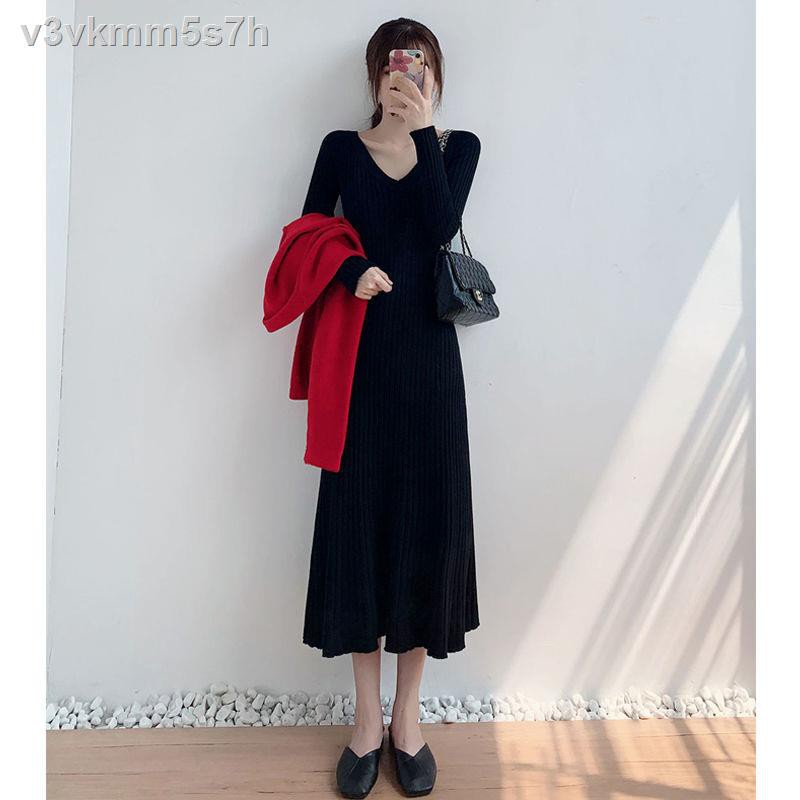 Knitted dress spring and autumn 2021 new temperament waist slimming long-sleeved bottoming skirt over the knee long fema | BigBuy360 - bigbuy360.vn