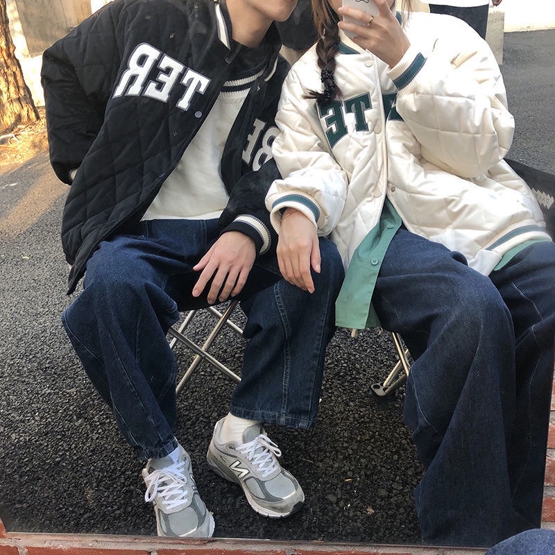 Áo khoác bomber bóng chày form rộng đệm cotton thêu chữ unisex Hàn quốc