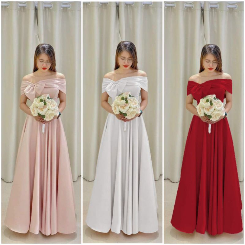 Đầm váy dạ hội, cô dâu đi bàn bẹt vai phối nơ