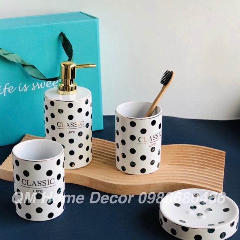Bộ Đồ Dùng Sứ Nhà Tắm Sang Trọng Bắc Âu Cao Cấp - Chấm Bi