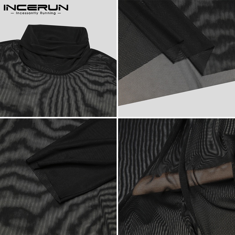 Áo nam INCERUN vải lưới quyến rũ xuyên thấu cổ lọ tay dài màu đen