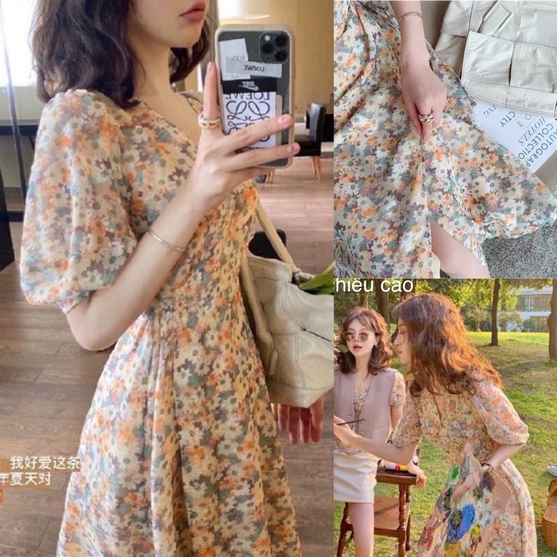 Váy Hoa Nhí Cổ V, Đầm Hoa Nữ Tay Bèo Dáng Dài Váy Vintage, Váy hoa maxi