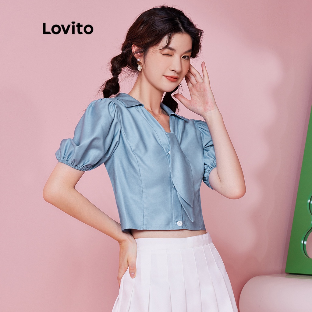 Áo cánh (Lovito Exclusive) DOPAMINE GIRLS Đơn giản Kont Polo Collar Puff Sleeve Preppy L28AE046 (Xanh lam nhạt)