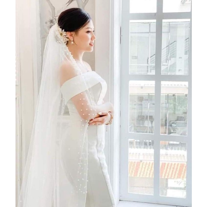 lúp viền hạt trai nhân tạo cô dâu dài 3m