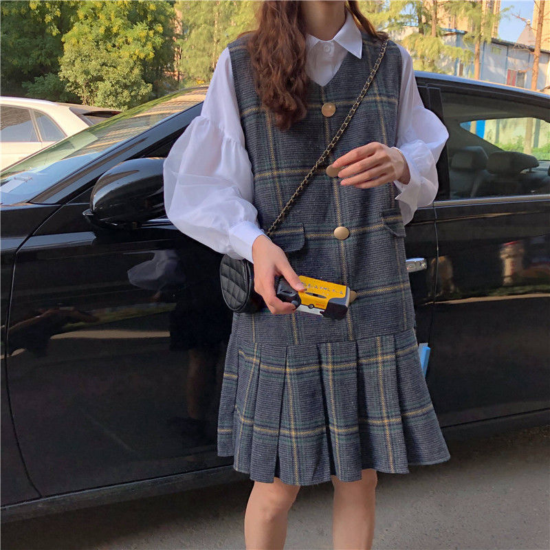 Set Đầm ôm Ca Rô Dài Tay Cổ Bẻ + Áo Khoác Cộc Tay Cổ Bẻ Thời Trang Cho Nữ