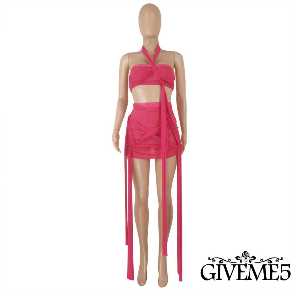 Set Đồ 2 Món Gồm Áo Lửng Hai Dây Màu Trơn Và Chân Váy Ngắn Lưng Cao Thắt Dây Thiết Kế Độc Đáo Cho Nữ