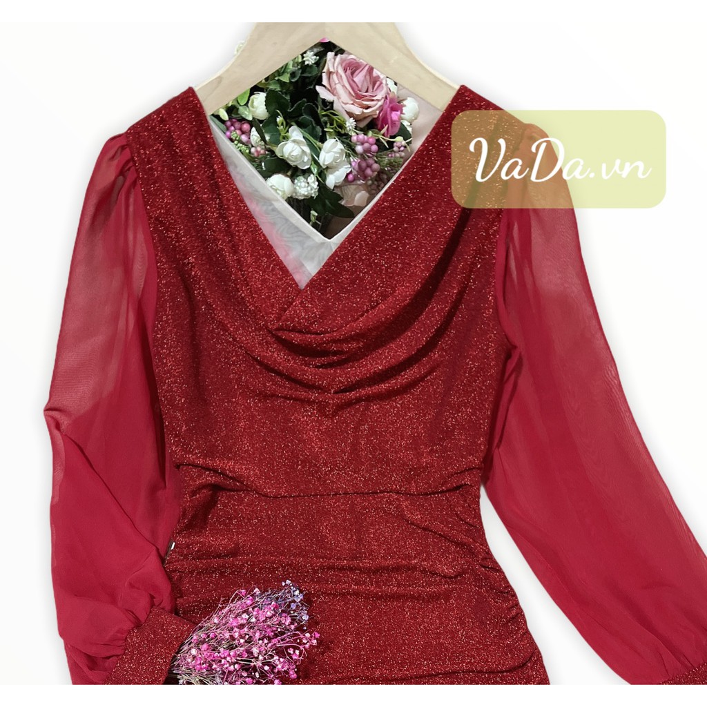 Đầm body tay dài cổ V cách điệu chất thun kim tuyến cáo cấp co giãn tốt - Thời trang VADA - VB65 | BigBuy360 - bigbuy360.vn