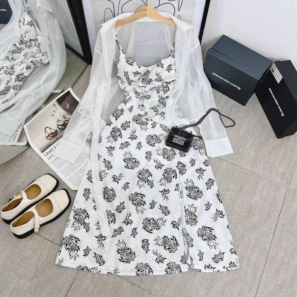 Sét đầm váy midi 2 dây trắng họa tiết kèm áo khoác vol y hình thời trang nữ thiết kế sang trọng