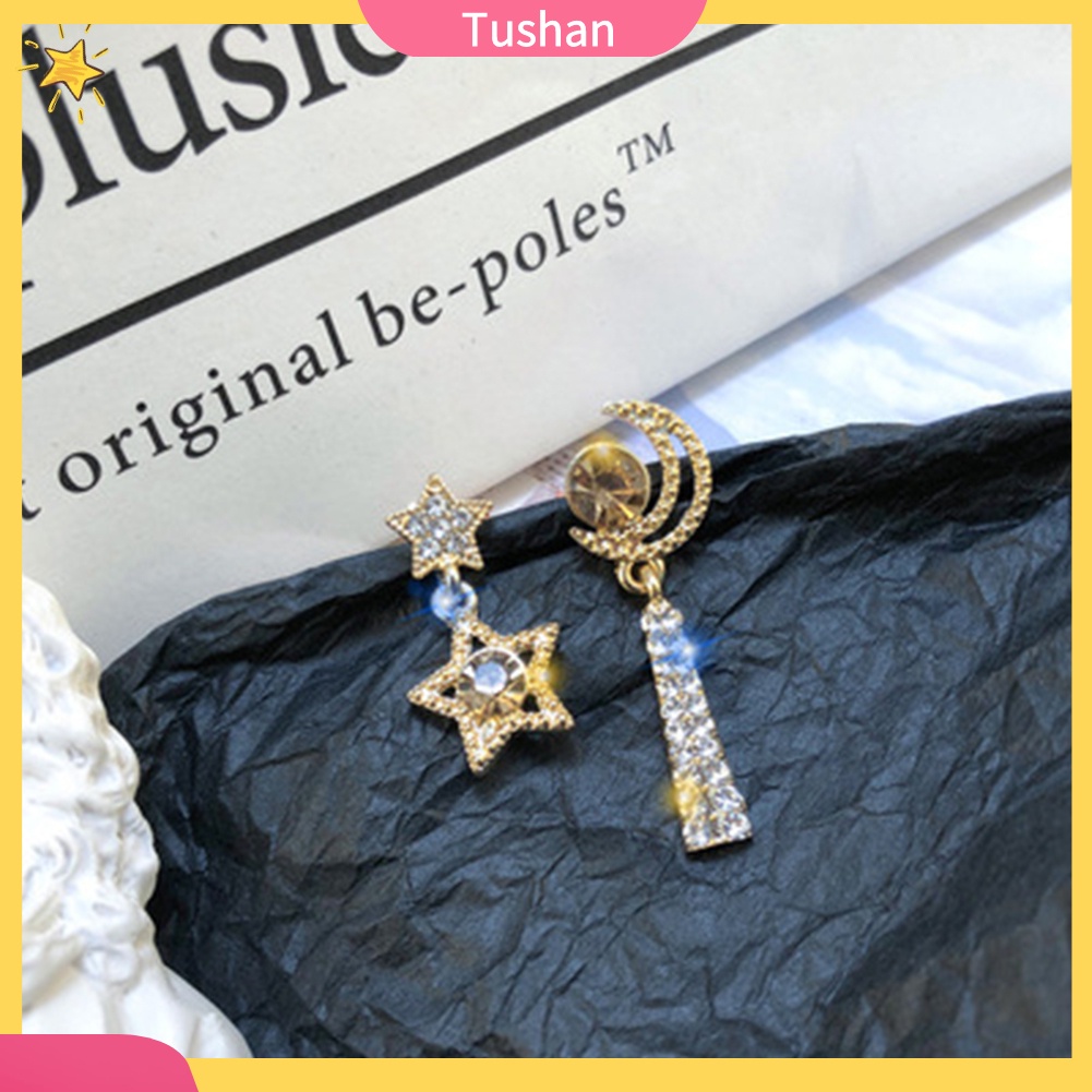 TUSH Women Rhinestone Moon Star Asymmetric Dangle Ear Stud Earrings Jewelry Gift