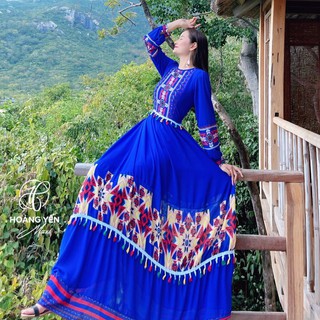 HOANGYEN Đầm maxi thổ cẩm xanh du lịch chụp ảnh