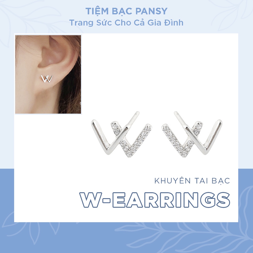 Bông tai nữ PANSY chữ W bằng bạc ta thật, khuyên tai nữ dễ thương phong cách Hàn Quốc cá tính