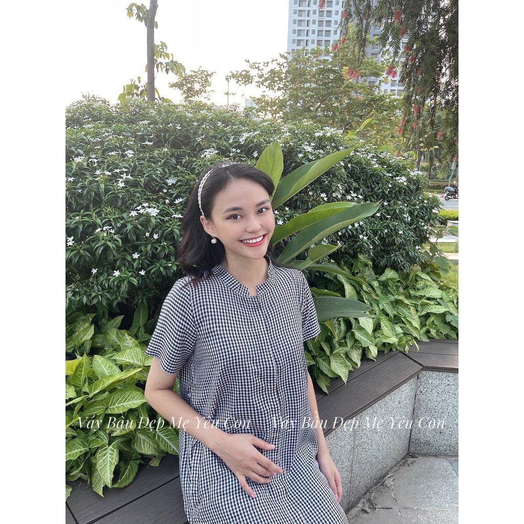 Đầm bầu công sở Váy bầu đẹp Kẻ Caro Dấu Khuy Dáng Suông MYC 1303