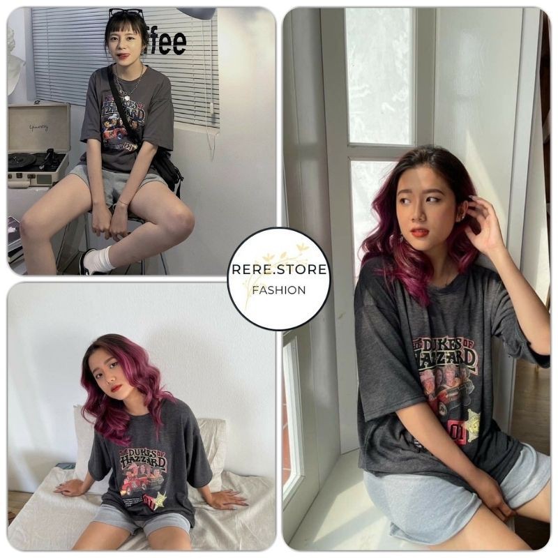 - Bộ quần sooc ống rộng và áo thun cổ tròn tay lỡ oversize
