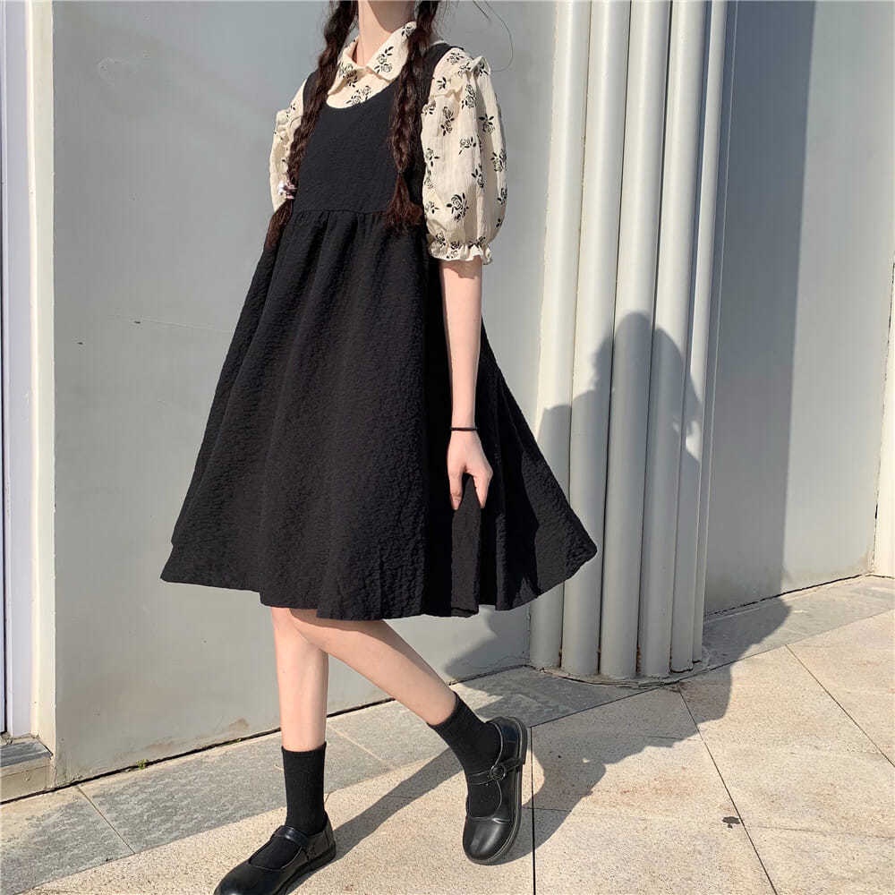 🎀váy babydoll Bộ Áo Sơ Mi Tay Phồng In Hoa + Đầm Đen Thời Trang Cho Nữ