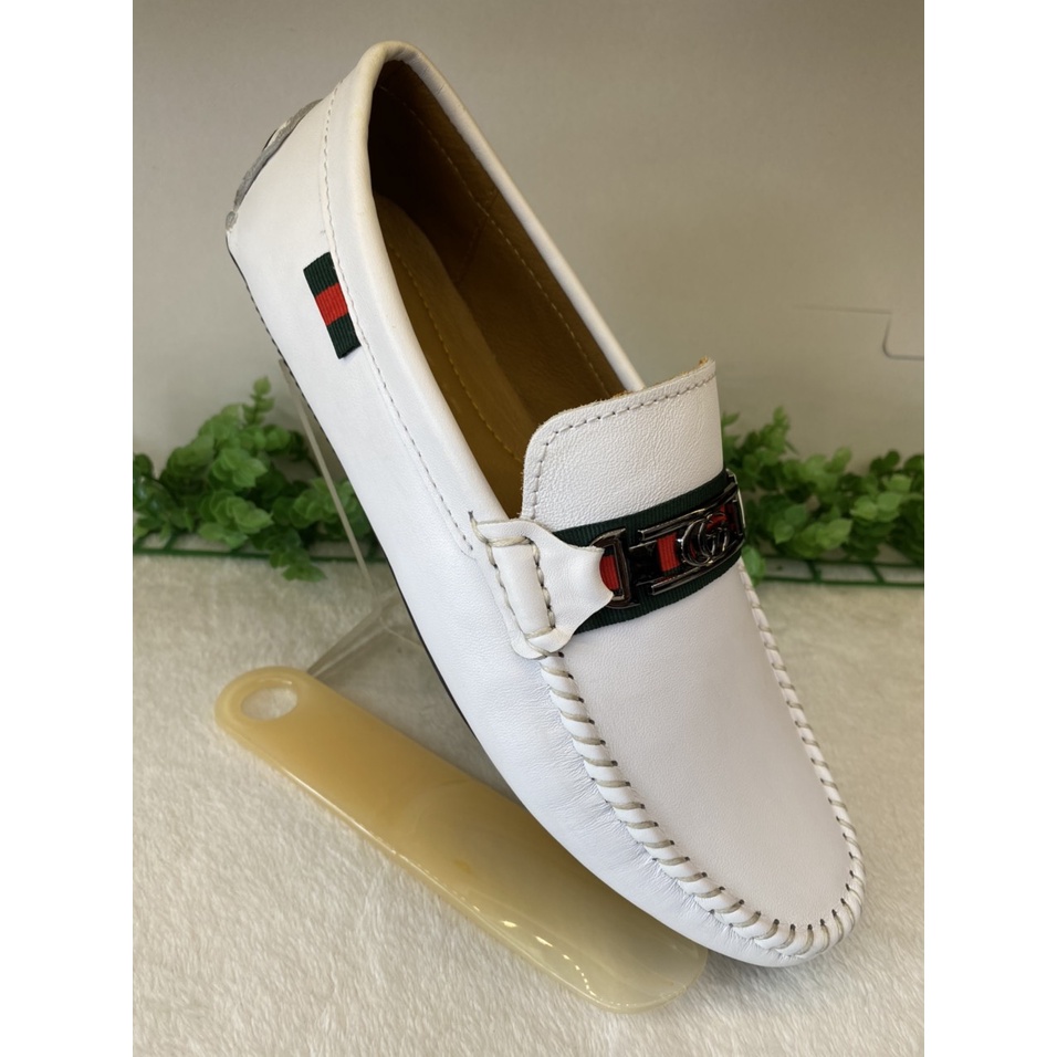 Giày Mọi Trắng Nam Da Bò Thật-Giày Lười Da Cao Cấp Màu Trắng  -MT20 Giày SAGO’S tặng 1 vớ BH 12 tháng