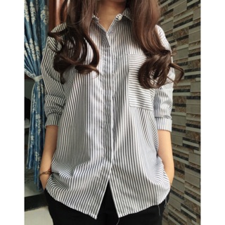 ÁO SƠ MI OVERSIZE SỌC XÁM 1 TÚI