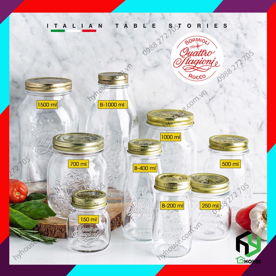 Italy - Chai, hũ lọ thủy tinh đựng nước ép, sữa hạt, ngũ cốc nắp vặn Quattro - BORMIOLI ROCCO